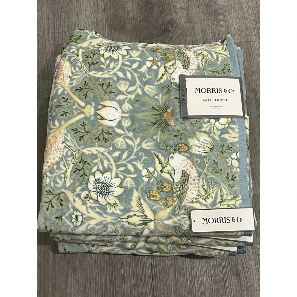 Morris & Co. Strawberry Thief Bath Towel 4 PC Set Birds & Floral New